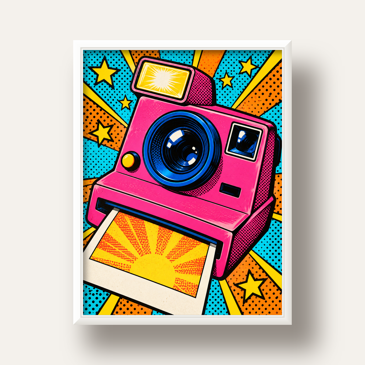 Pop Art Polaroid Kamera Poster – Canlı ve Renkli Duvar Dekoru — beyaz derin çerçeveli