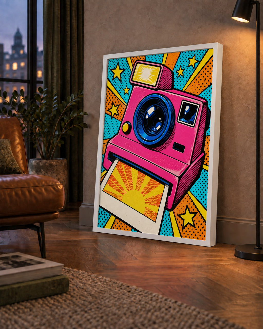 Pop Art Polaroid Kamera Poster – Canlı ve Renkli Duvar Dekoru — çerçeveli hâliyle bir ev duvarında