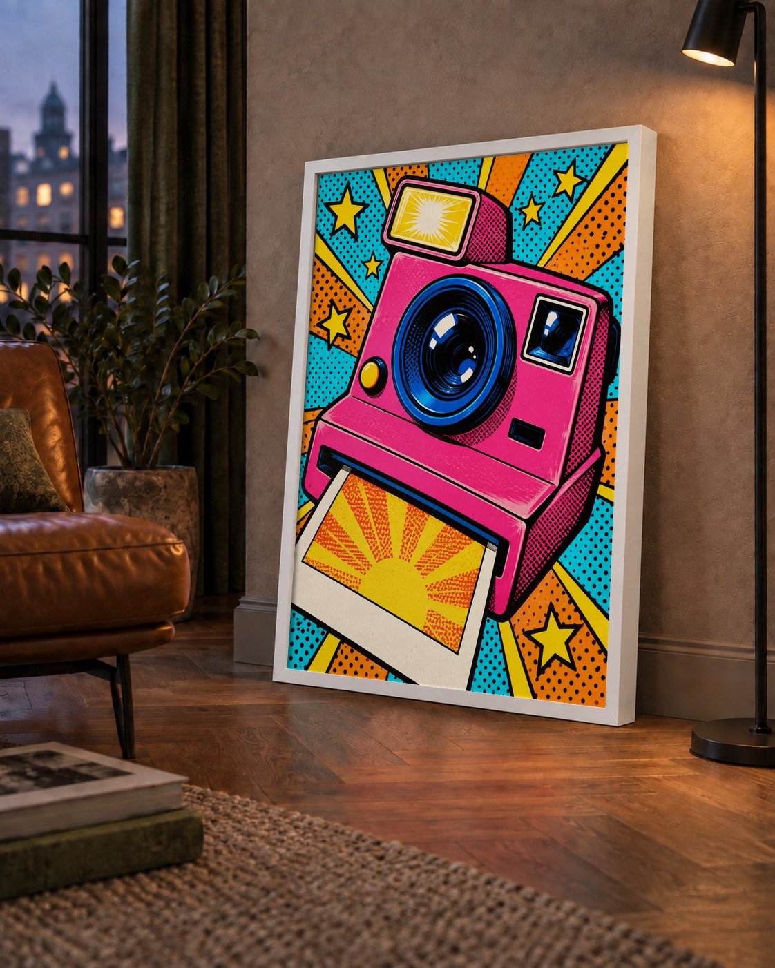 Pop Art Polaroid Kamera Poster – Canlı ve Renkli Duvar Dekoru — çerçeveli hâliyle bir ev duvarında