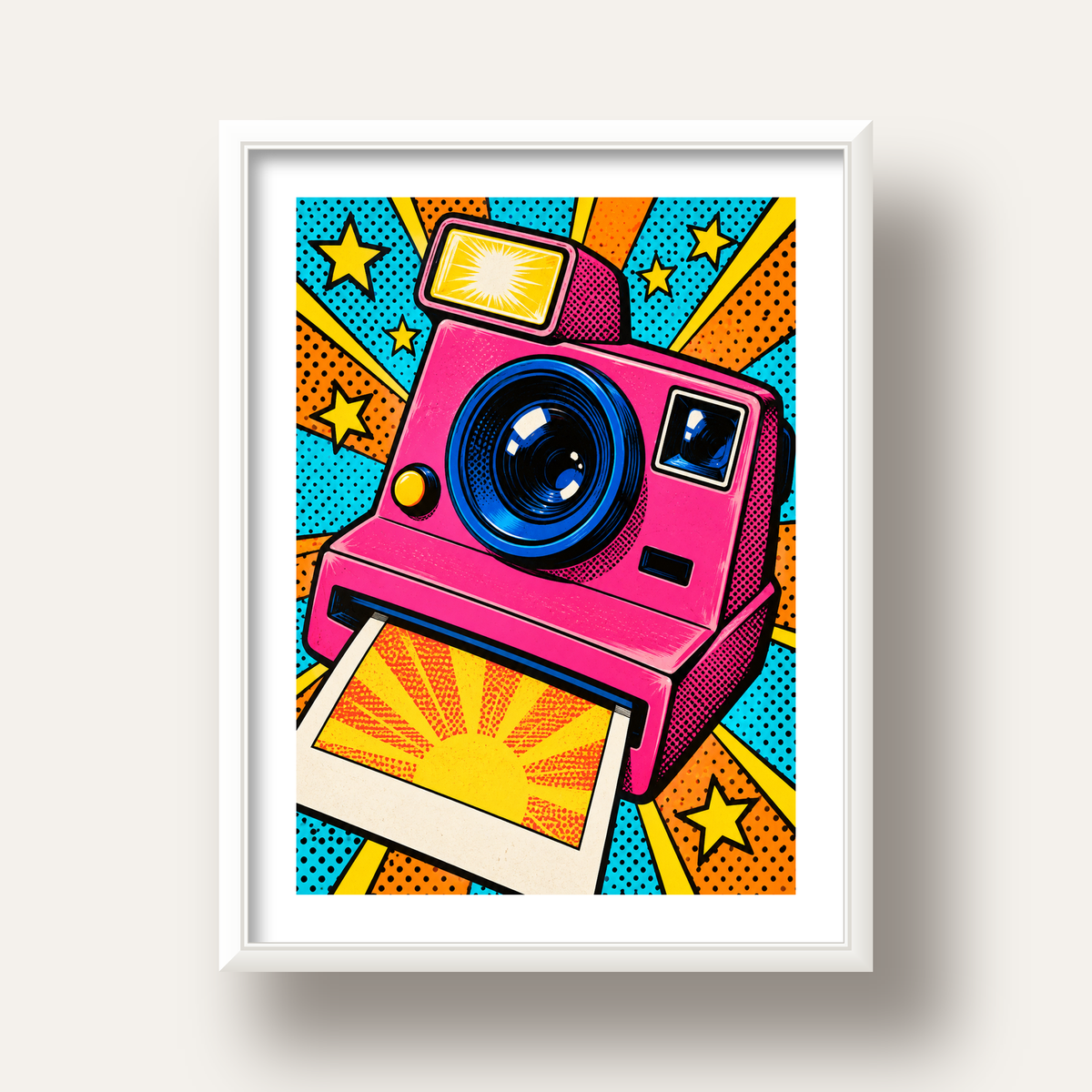 Pop Art Polaroid Kamera Poster – Canlı ve Renkli Duvar Dekoru — beyaz derin çerçeveli paspartulu