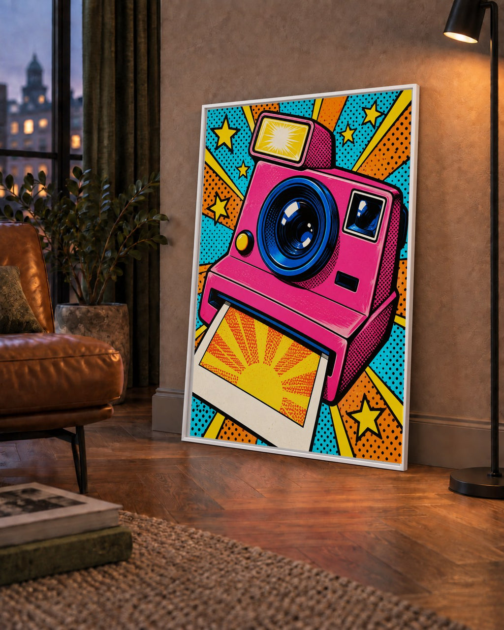 Pop Art Polaroid Kamera Poster – Canlı ve Renkli Duvar Dekoru — çerçeveli hâliyle bir ev duvarında