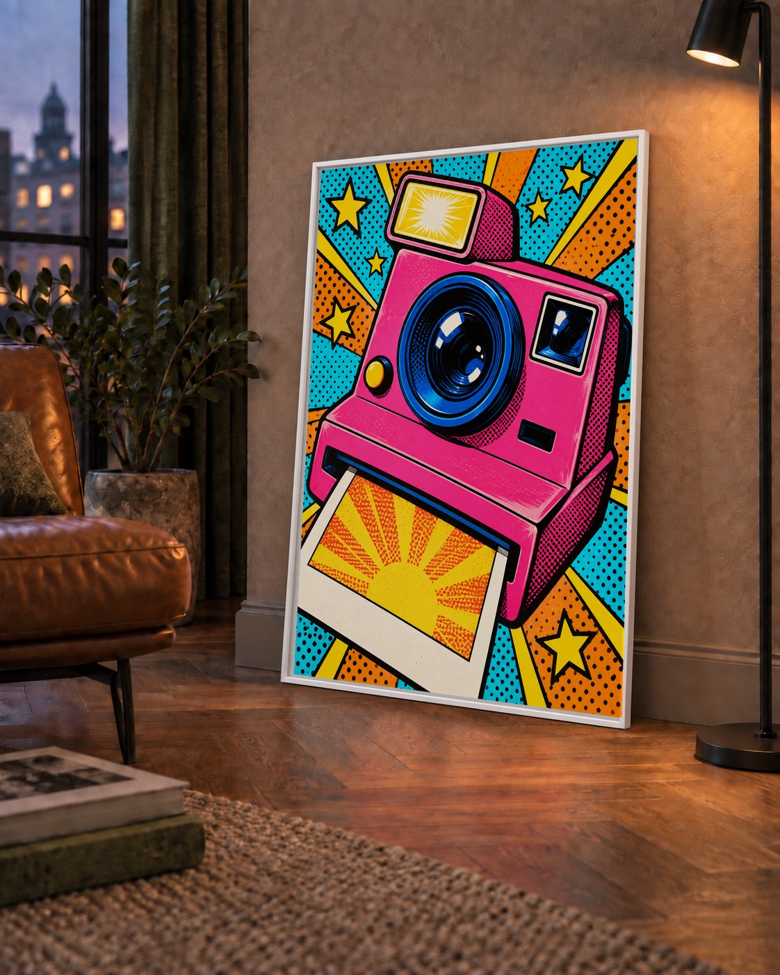 Pop Art Polaroid Kamera Poster – Canlı ve Renkli Duvar Dekoru — çerçeveli hâliyle bir ev duvarında