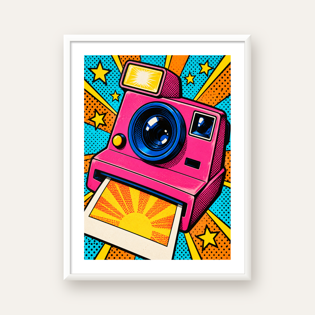Pop Art Polaroid Kamera Poster – Canlı ve Renkli Duvar Dekoru — beyaz çerçeveli dikey poster