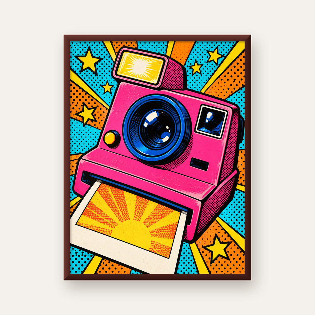 Pop Art Polaroid Kamera Poster – Canlı ve Renkli Duvar Dekoru — ceviz çerçeveli