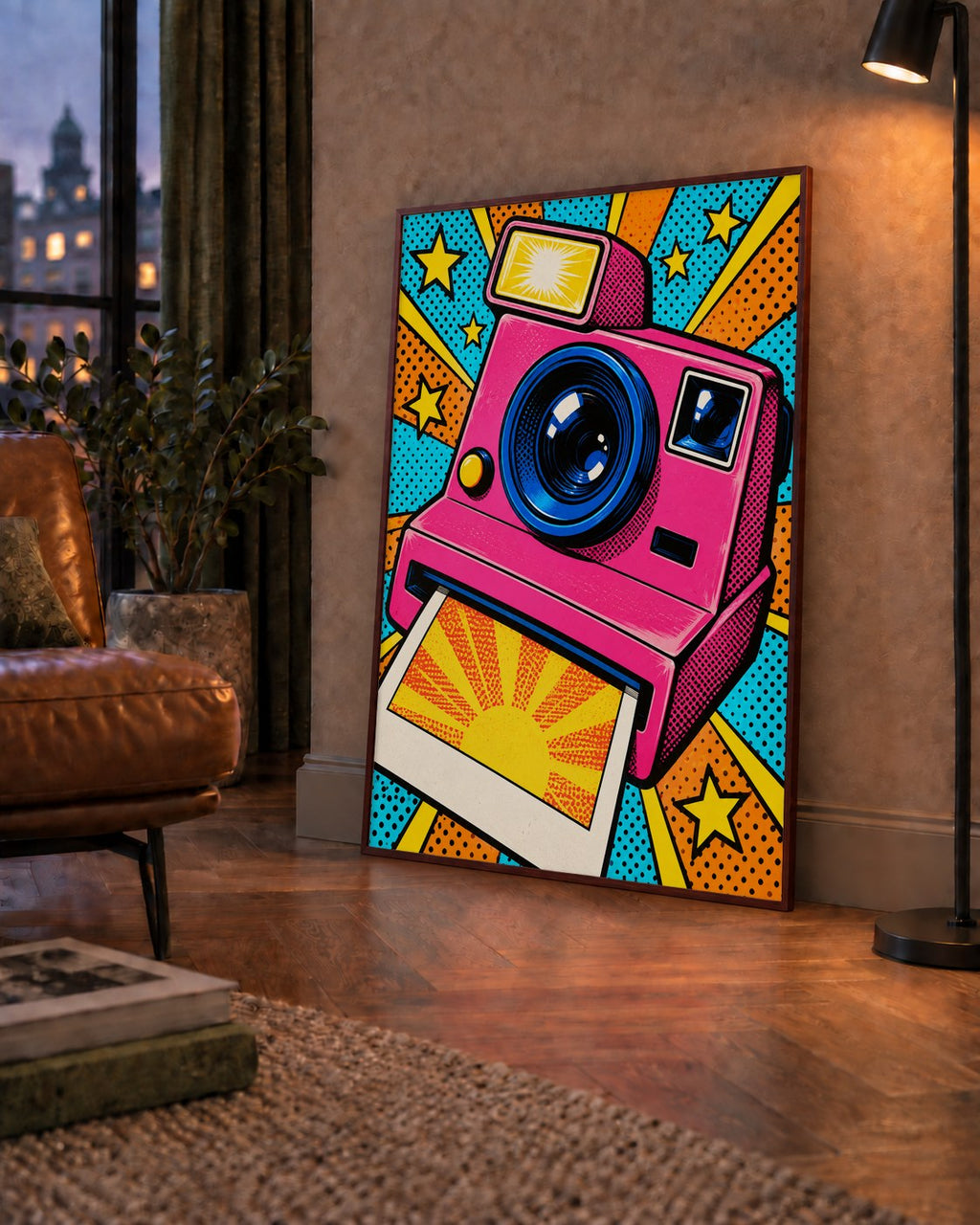 Pop Art Polaroid Kamera Poster – Canlı ve Renkli Duvar Dekoru — çerçeveli hâliyle bir ev duvarında