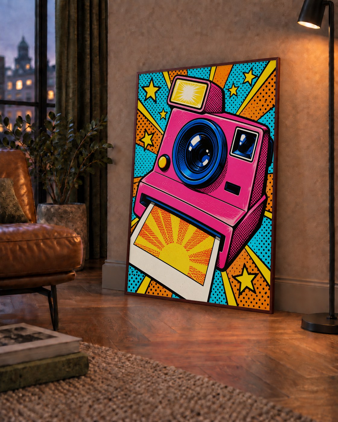Pop Art Polaroid Kamera Poster – Canlı ve Renkli Duvar Dekoru — çerçeveli hâliyle bir ev duvarında