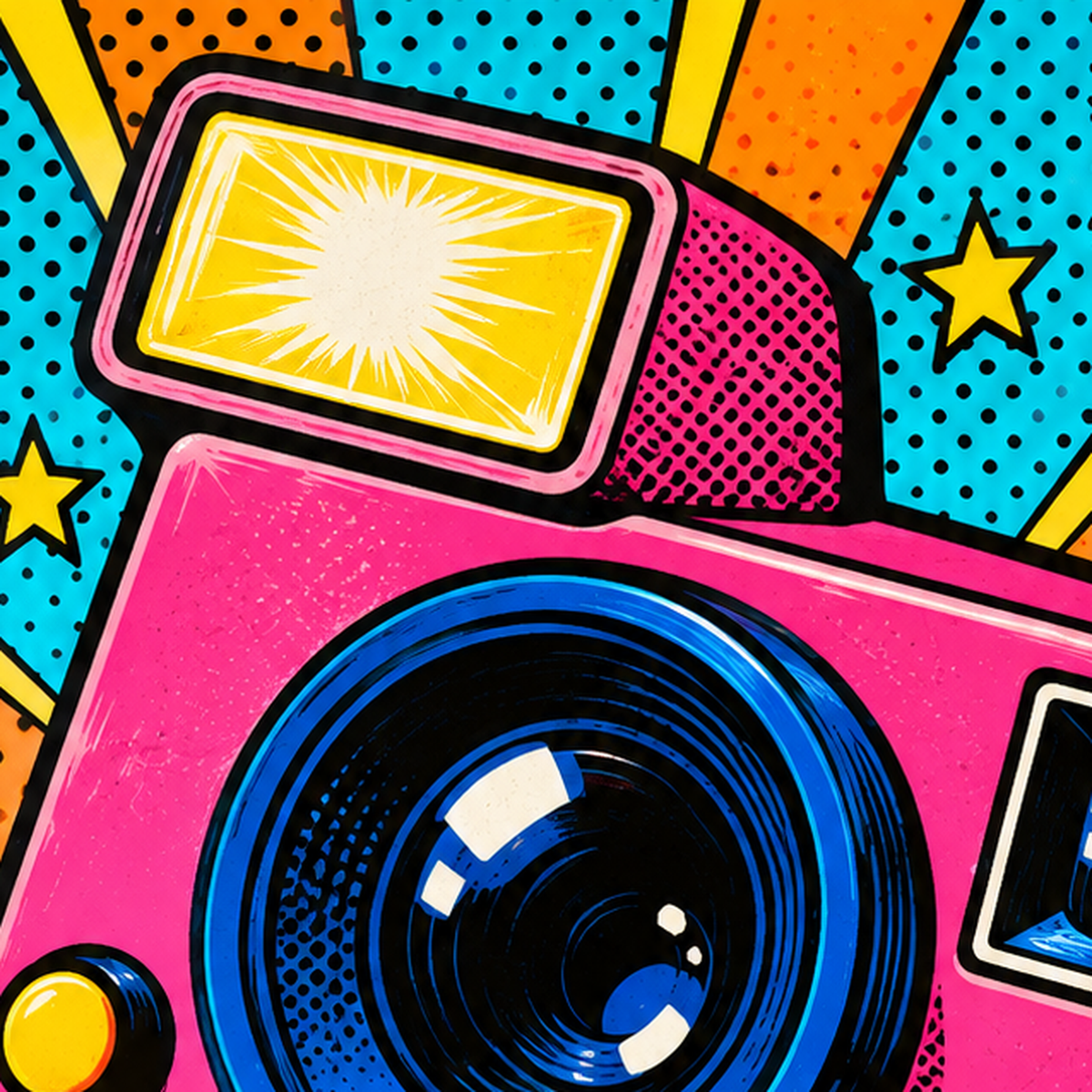 Pop Art Polaroid Kamera Poster – Canlı ve Renkli Duvar Dekoru — baskının yakın çekimi, kâğıt dokusu ve renk detayı