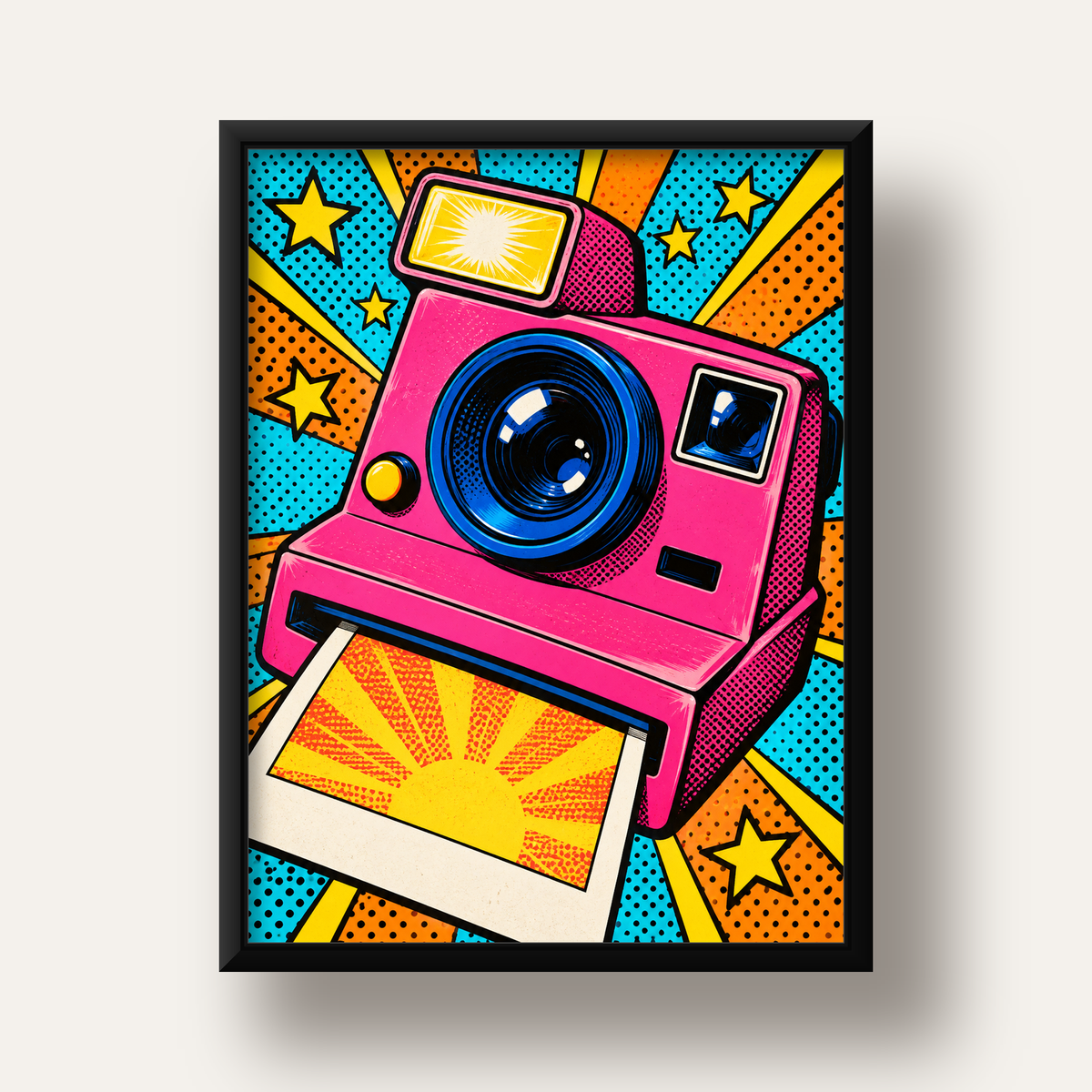 Pop Art Polaroid Kamera Poster – Canlı ve Renkli Duvar Dekoru — siyah derin çerçeveli
