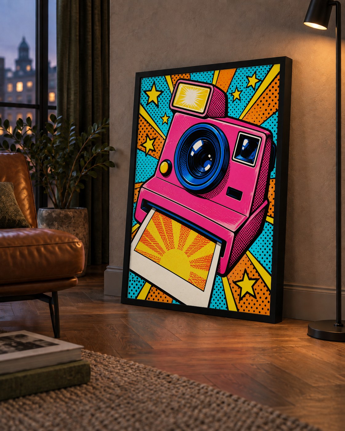 Pop Art Polaroid Kamera Poster – Canlı ve Renkli Duvar Dekoru — çerçeveli hâliyle bir ev duvarında