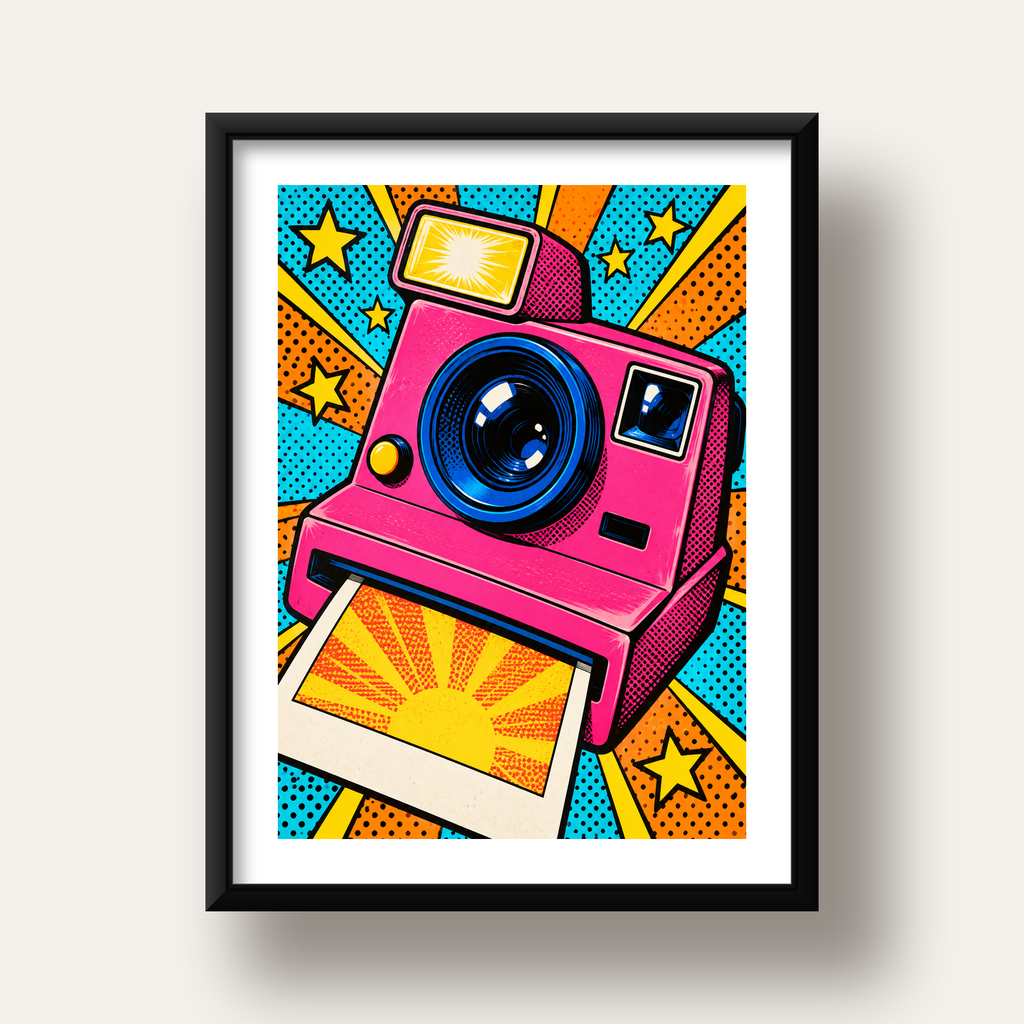 Pop Art Polaroid Kamera Poster – Canlı ve Renkli Duvar Dekoru — siyah derin çerçeveli paspartulu