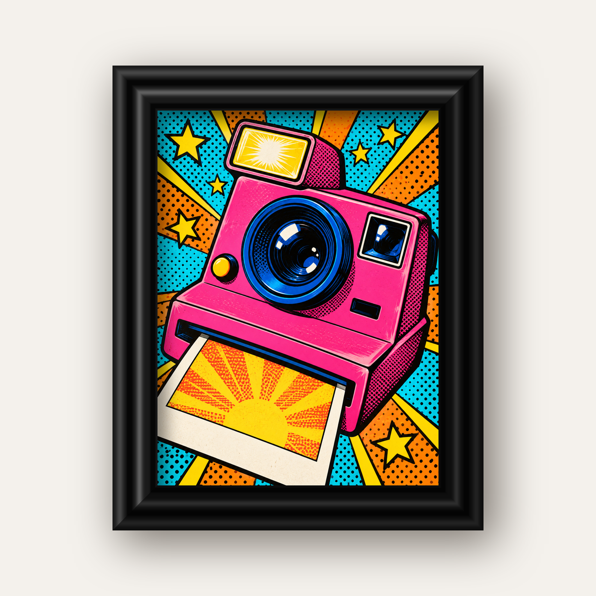 Pop Art Polaroid Kamera Poster – Canlı ve Renkli Duvar Dekoru — siyah galeri çerçeveli