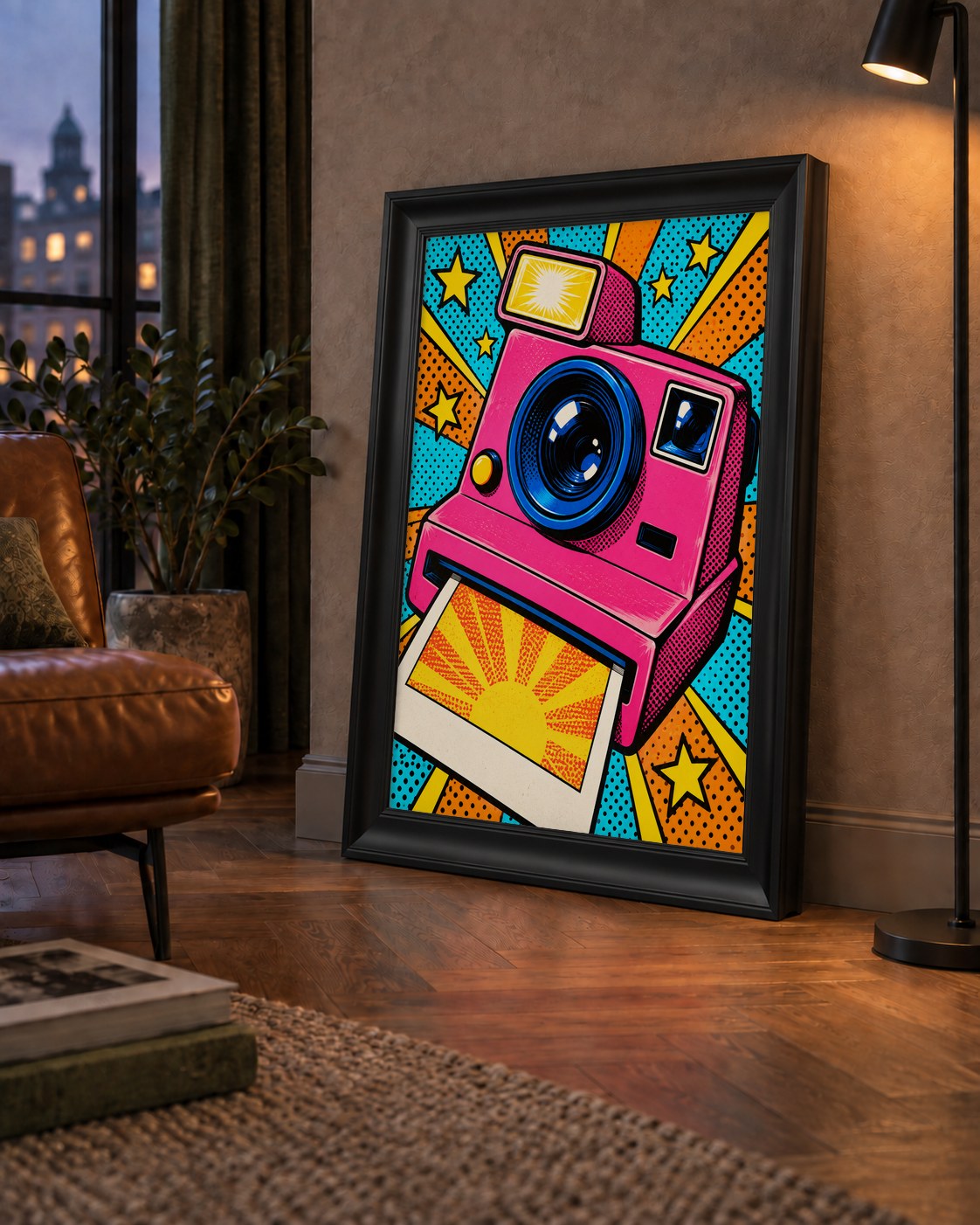 Pop Art Polaroid Kamera Poster – Canlı ve Renkli Duvar Dekoru — çerçeveli hâliyle bir ev duvarında