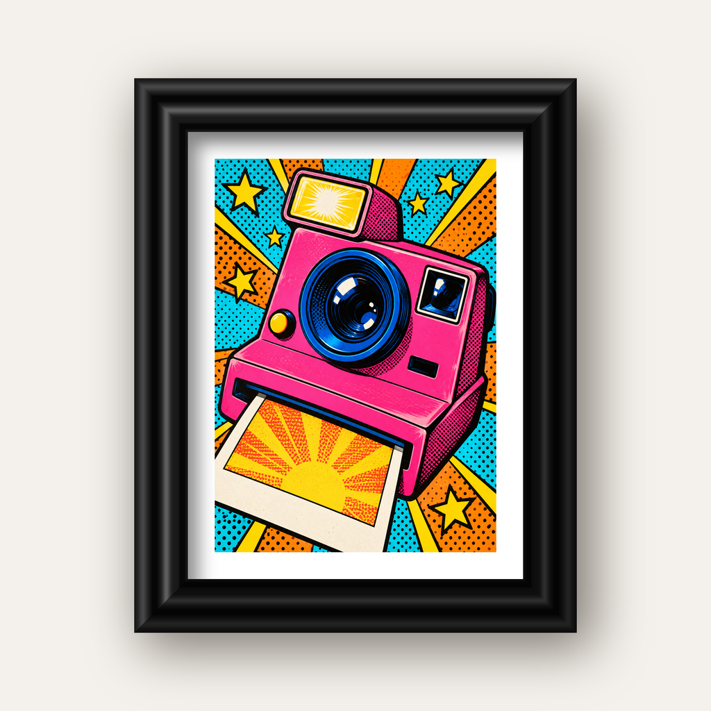 Pop Art Polaroid Kamera Poster – Canlı ve Renkli Duvar Dekoru — siyah galeri çerçeveli paspartulu