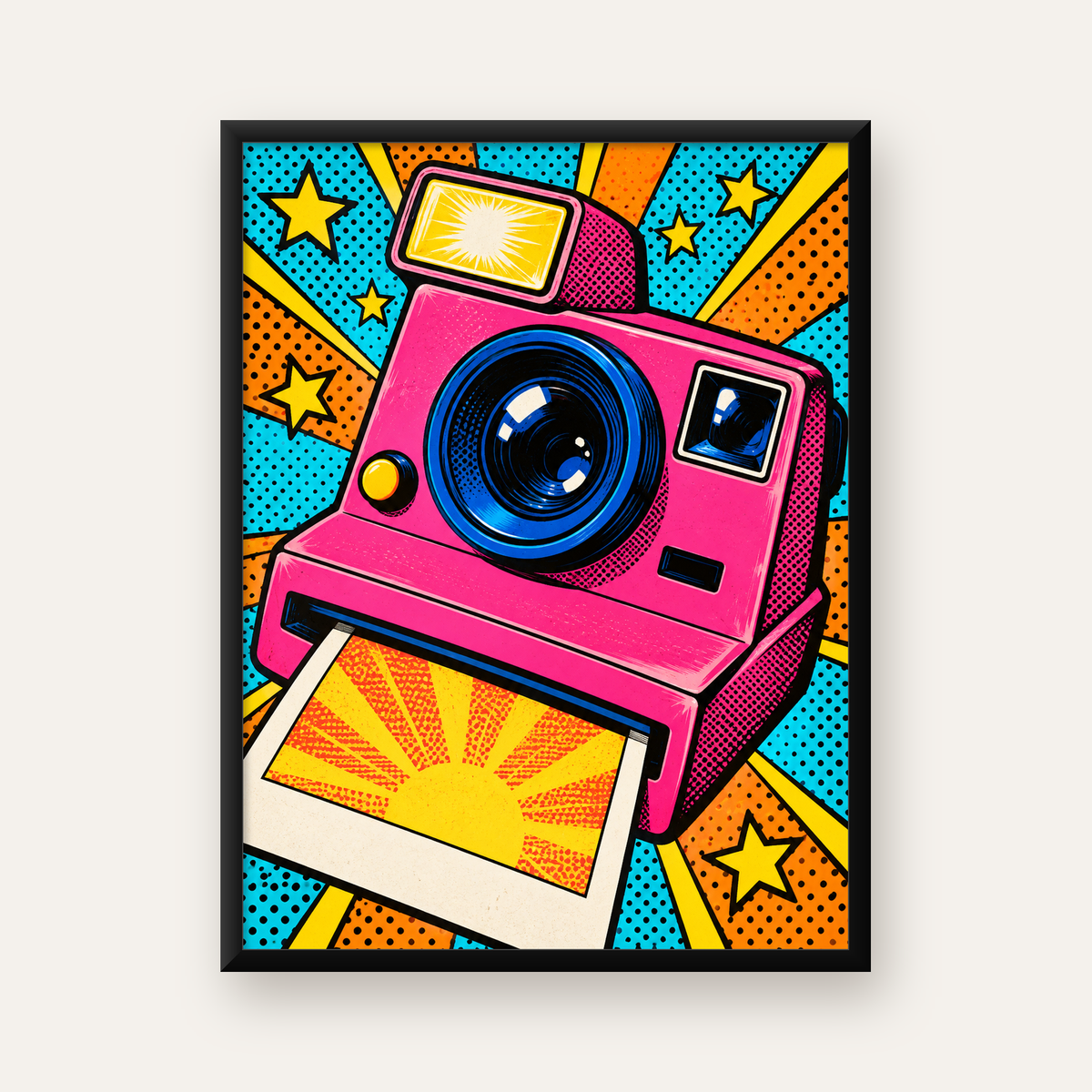 Pop Art Polaroid Kamera Poster – Canlı ve Renkli Duvar Dekoru — Dikey baskı, düz siyah çerçeveli duvar posteri