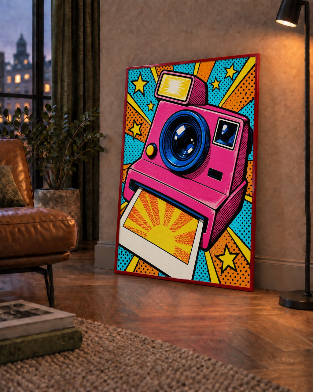 Pop Art Polaroid Kamera Poster – Canlı ve Renkli Duvar Dekoru — çerçeveli hâliyle bir ev duvarında