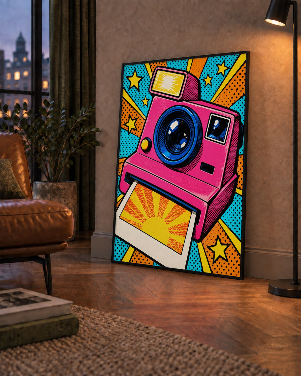 Pop Art Polaroid Kamera Poster – Canlı ve Renkli Duvar Dekoru — çerçeveli hâliyle bir ev duvarında
