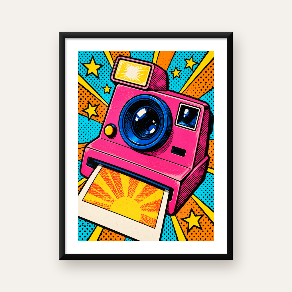 Pop Art Polaroid Kamera Poster – Canlı ve Renkli Duvar Dekoru — Dikey baskı, beyaz paspartulu