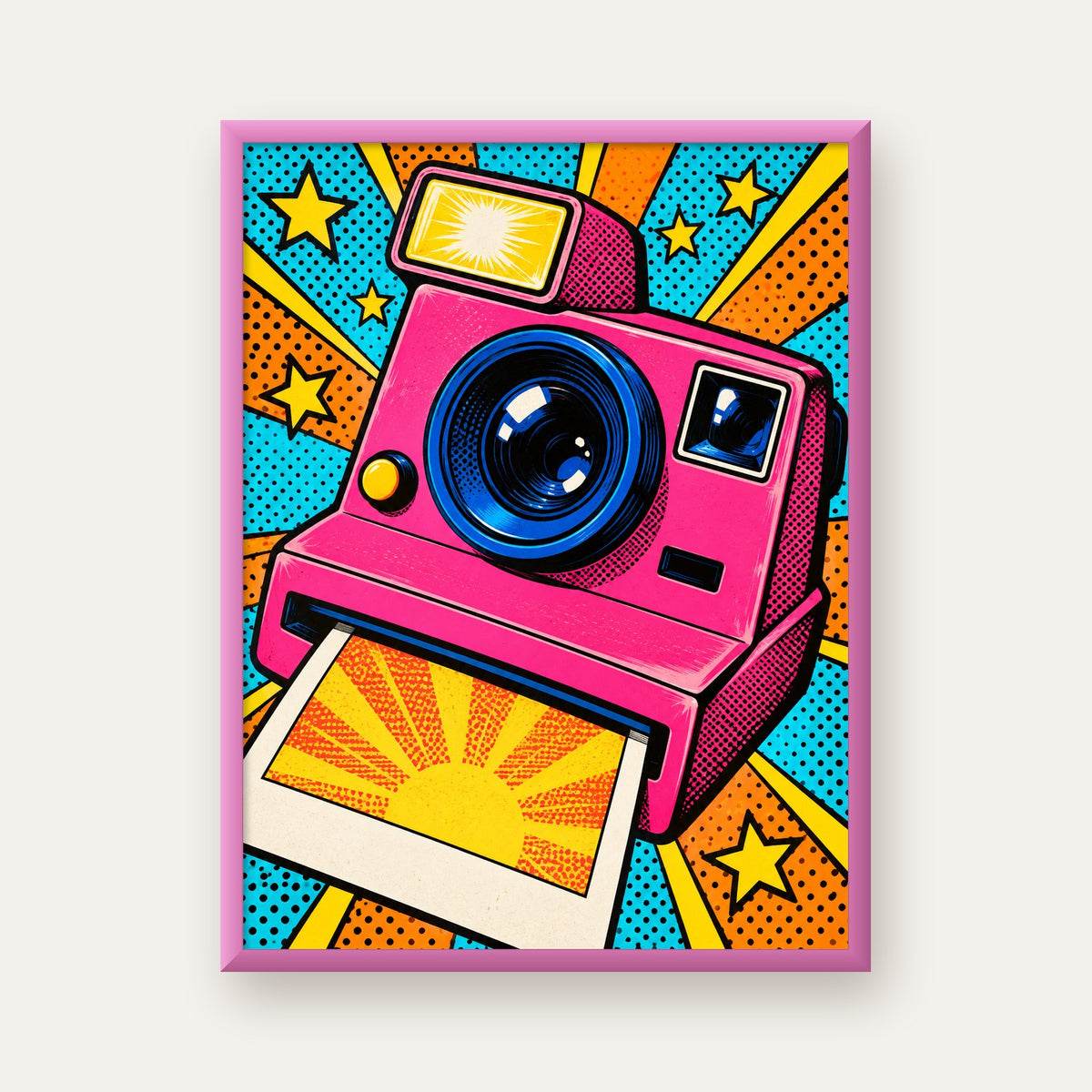 Pop Art Polaroid Kamera Poster – Canlı ve Renkli Duvar Dekoru — pembe çerçeveli