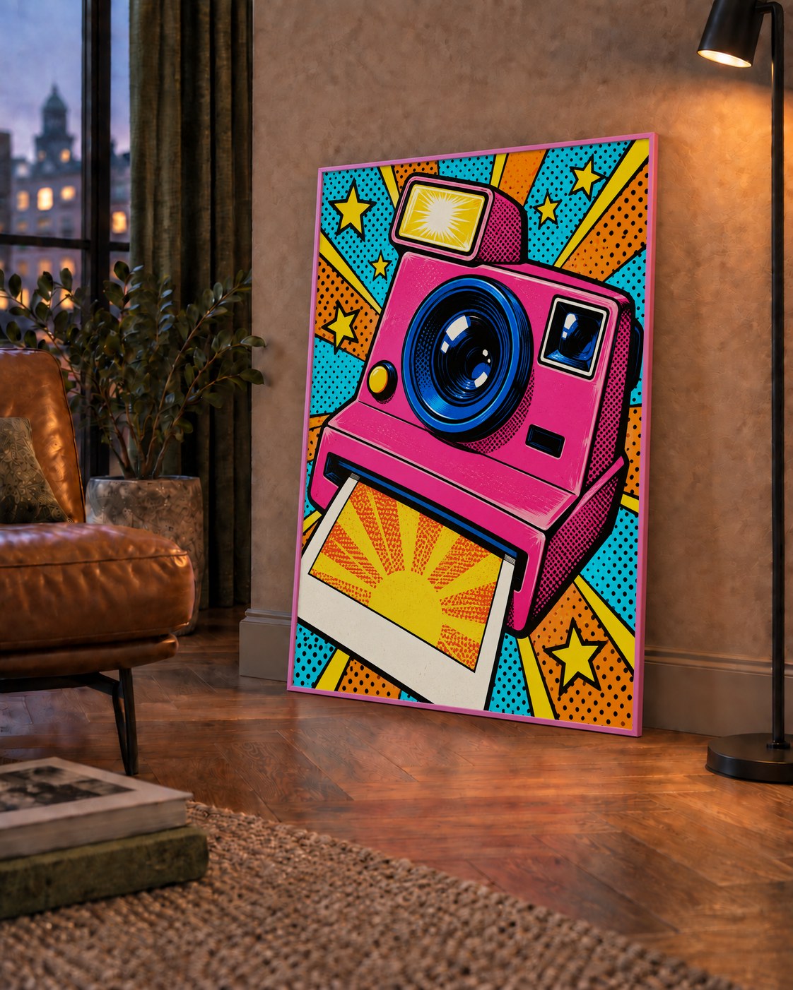 Pop Art Polaroid Kamera Poster – Canlı ve Renkli Duvar Dekoru — çerçeveli hâliyle bir ev duvarında