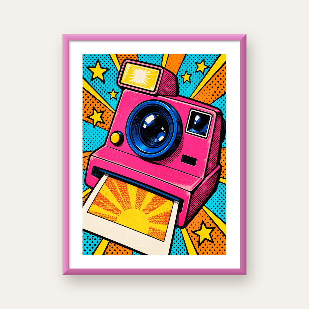 Pop Art Polaroid Kamera Poster – Canlı ve Renkli Duvar Dekoru — pembe çerçeveli paspartulu