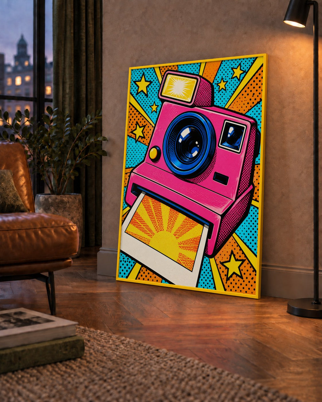 Pop Art Polaroid Kamera Poster – Canlı ve Renkli Duvar Dekoru — çerçeveli hâliyle bir ev duvarında