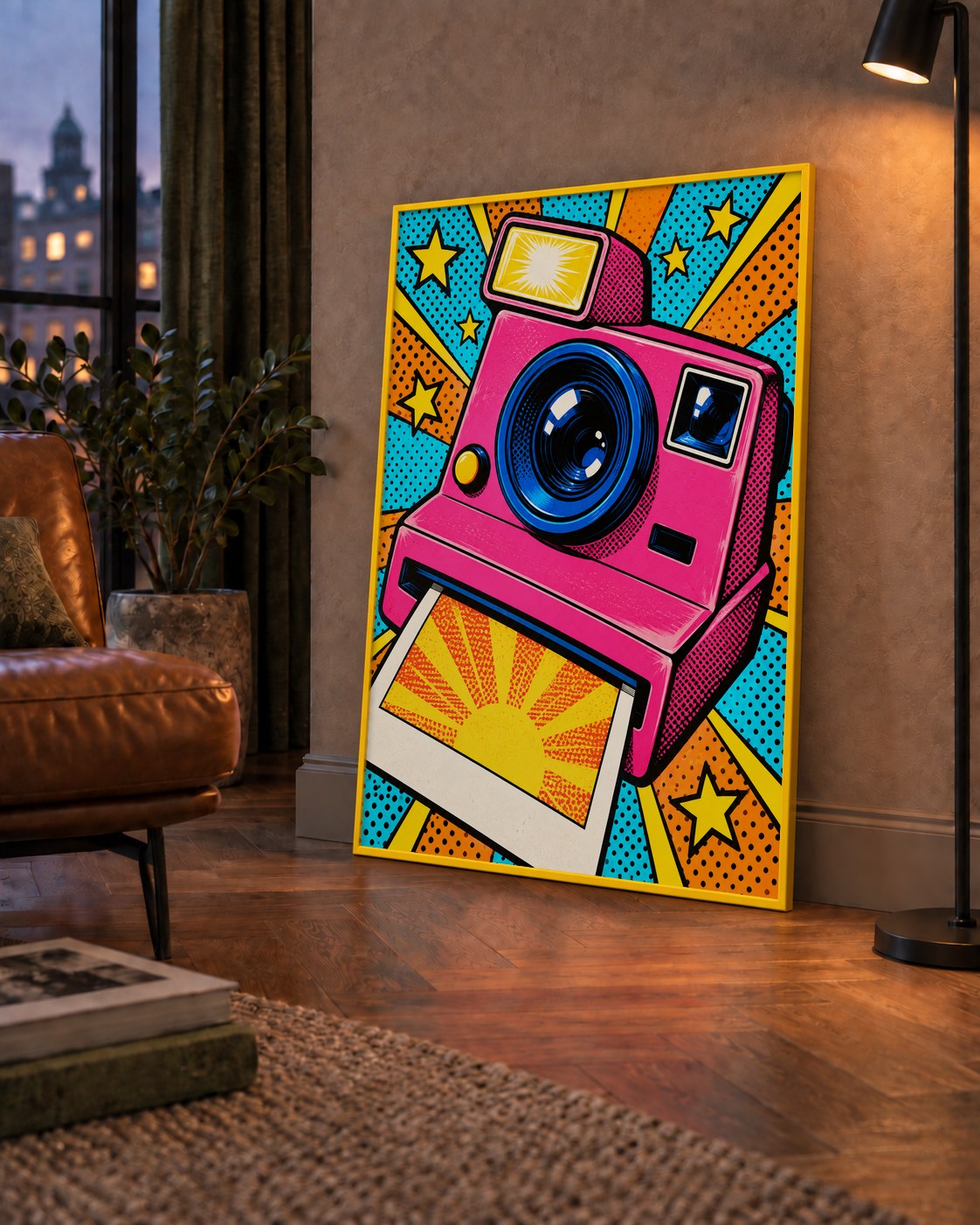 Pop Art Polaroid Kamera Poster – Canlı ve Renkli Duvar Dekoru — çerçeveli hâliyle bir ev duvarında