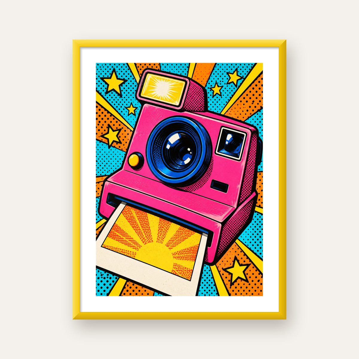 Pop Art Polaroid Kamera Poster – Canlı ve Renkli Duvar Dekoru — sarı çerçeveli paspartulu