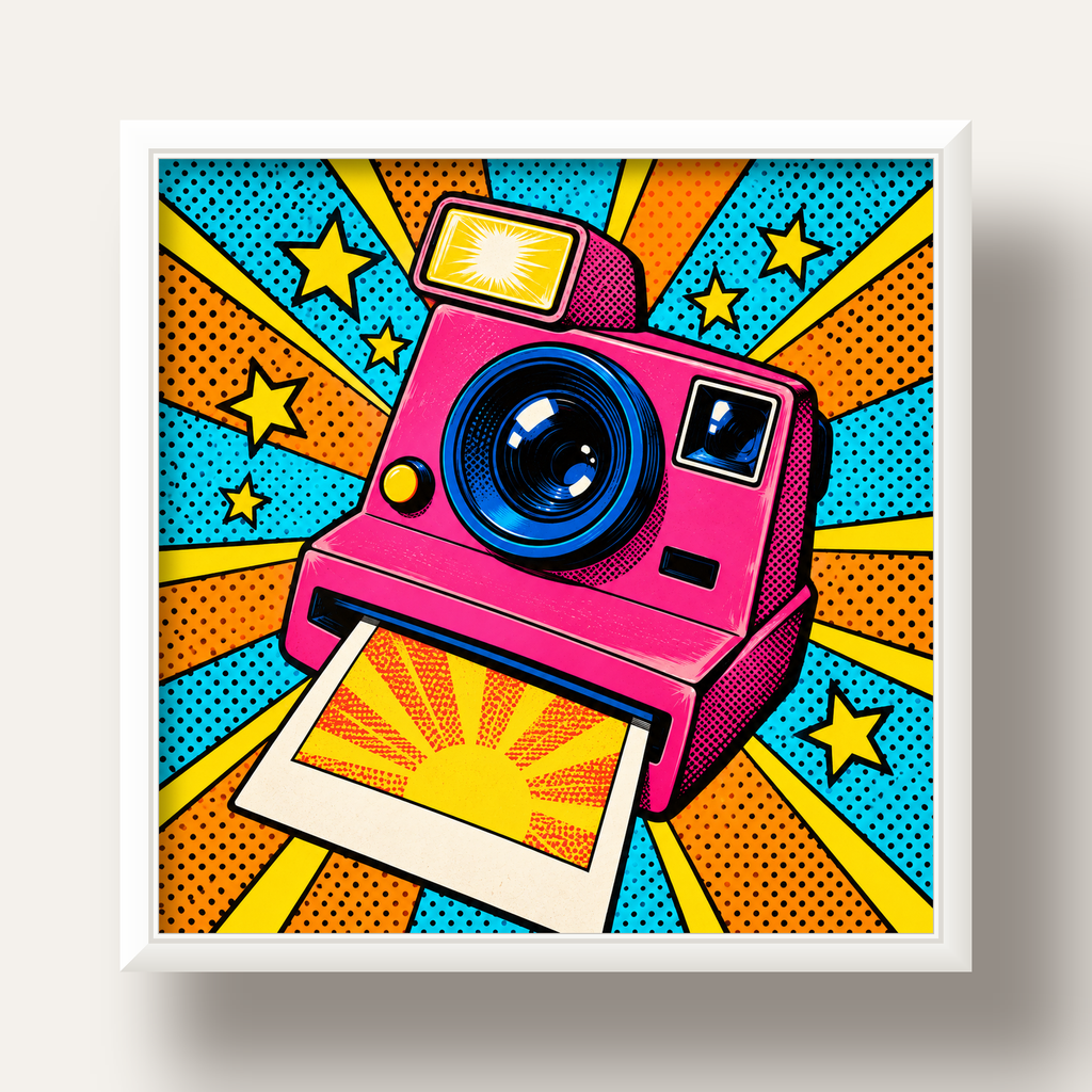 Pop Art Polaroid Kamera Poster – Canlı ve Renkli Duvar Dekoru — beyaz derin çerçeveli