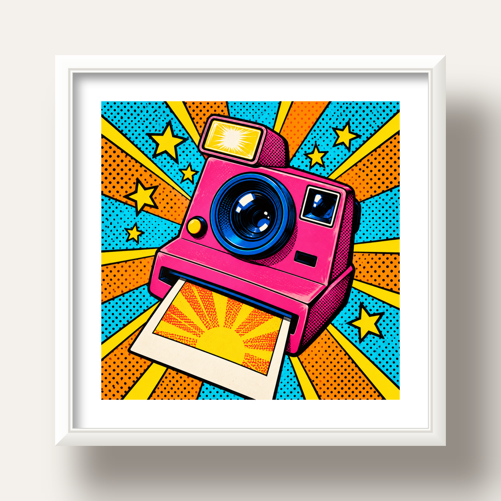 Pop Art Polaroid Kamera Poster – Canlı ve Renkli Duvar Dekoru — beyaz derin çerçeveli paspartulu