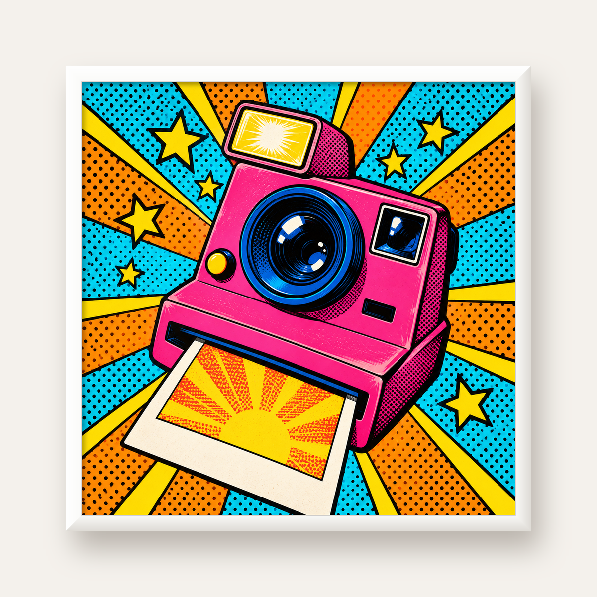 Pop Art Polaroid Kamera Poster – Canlı ve Renkli Duvar Dekoru — beyaz çerçeveli kare poster