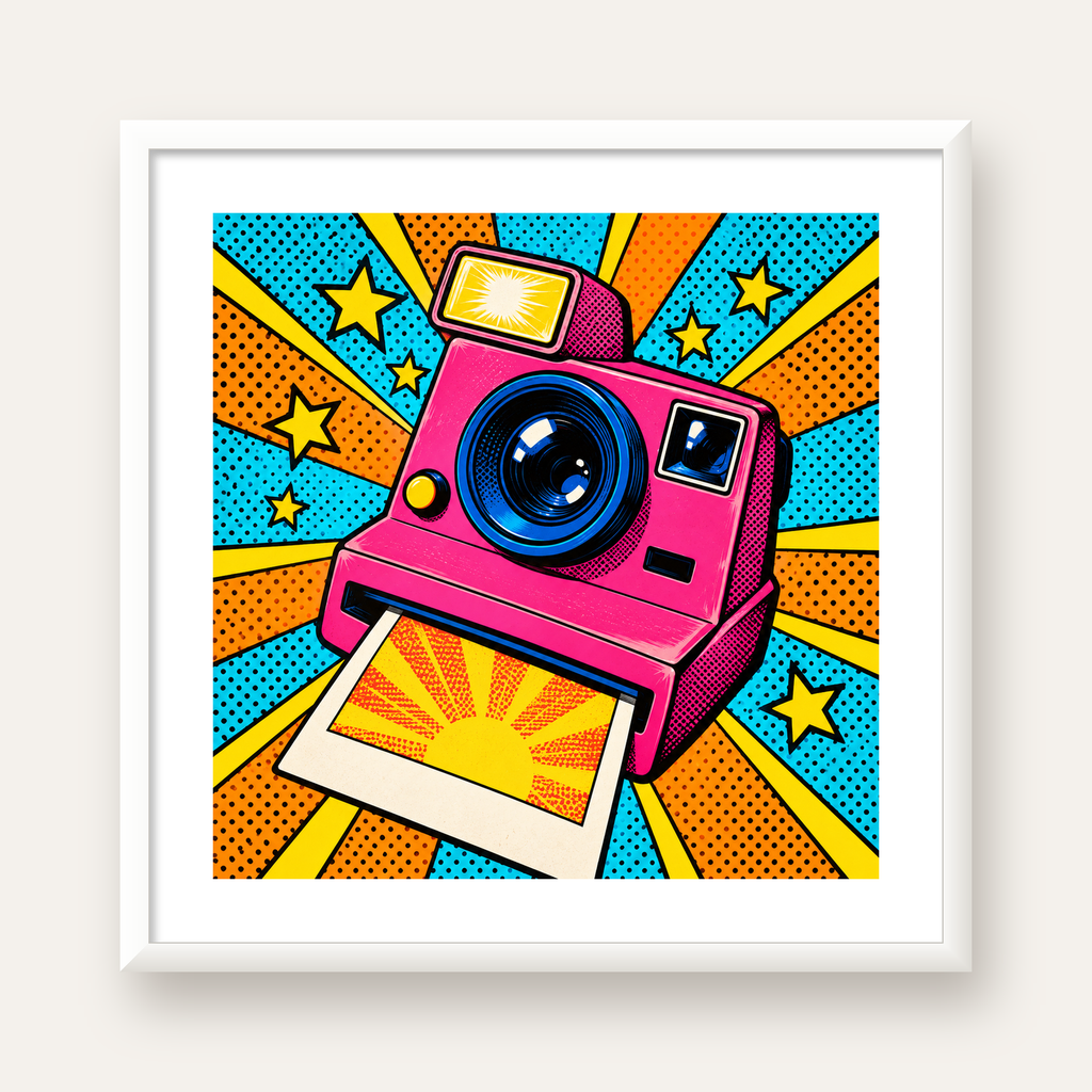 Pop Art Polaroid Kamera Poster – Canlı ve Renkli Duvar Dekoru — beyaz çerçeveli kare poster