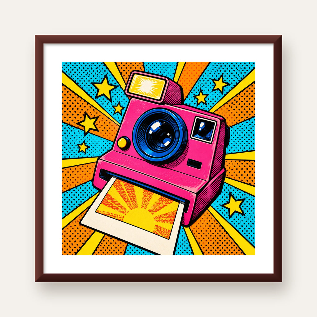 Pop Art Polaroid Kamera Poster – Canlı ve Renkli Duvar Dekoru — ceviz çerçeveli paspartulu
