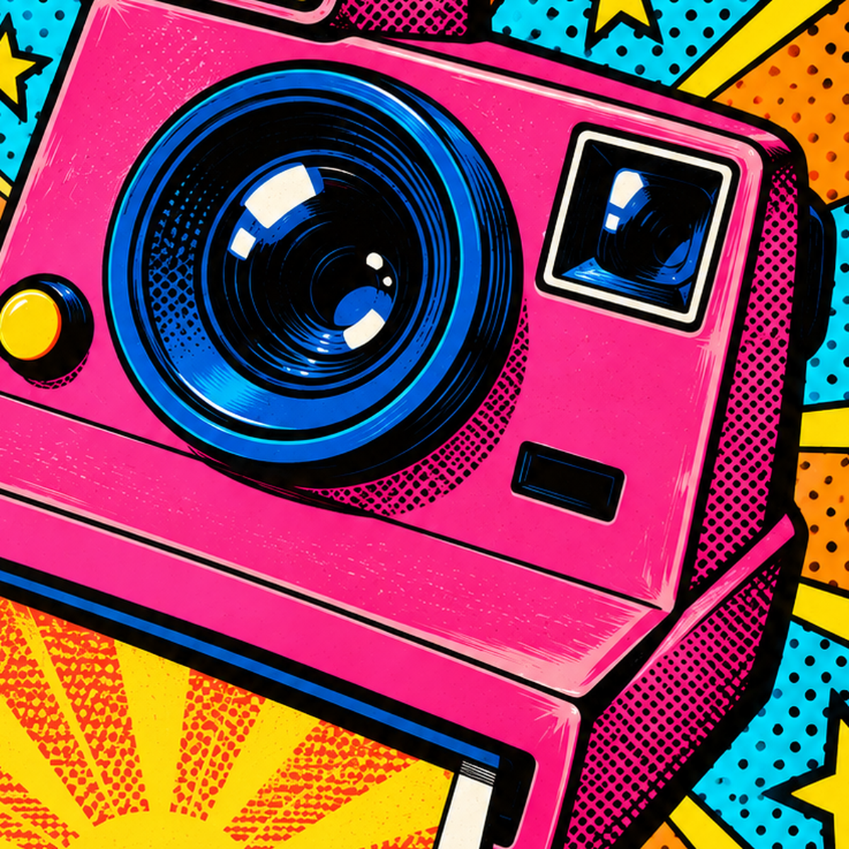 Pop Art Polaroid Kamera Poster – Canlı ve Renkli Duvar Dekoru — baskının yakın çekimi, kâğıt dokusu ve renk detayı