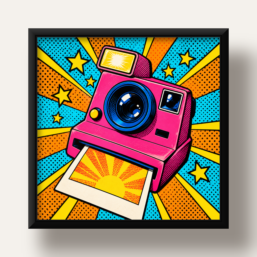 Pop Art Polaroid Kamera Poster – Canlı ve Renkli Duvar Dekoru — siyah derin çerçeveli