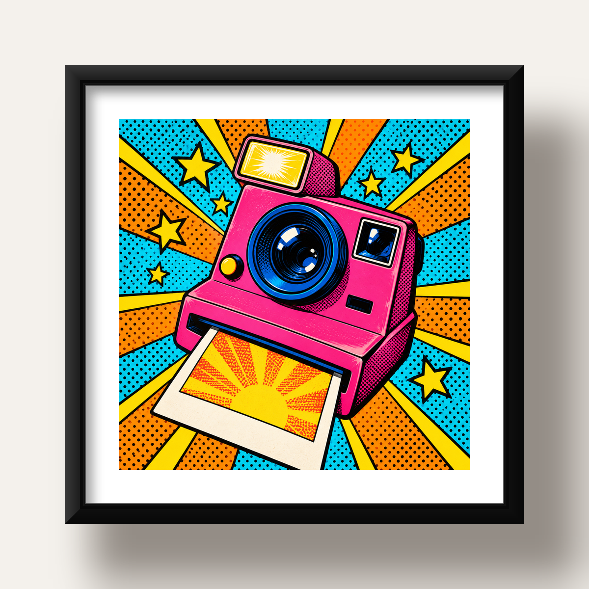 Pop Art Polaroid Kamera Poster – Canlı ve Renkli Duvar Dekoru — siyah derin çerçeveli paspartulu