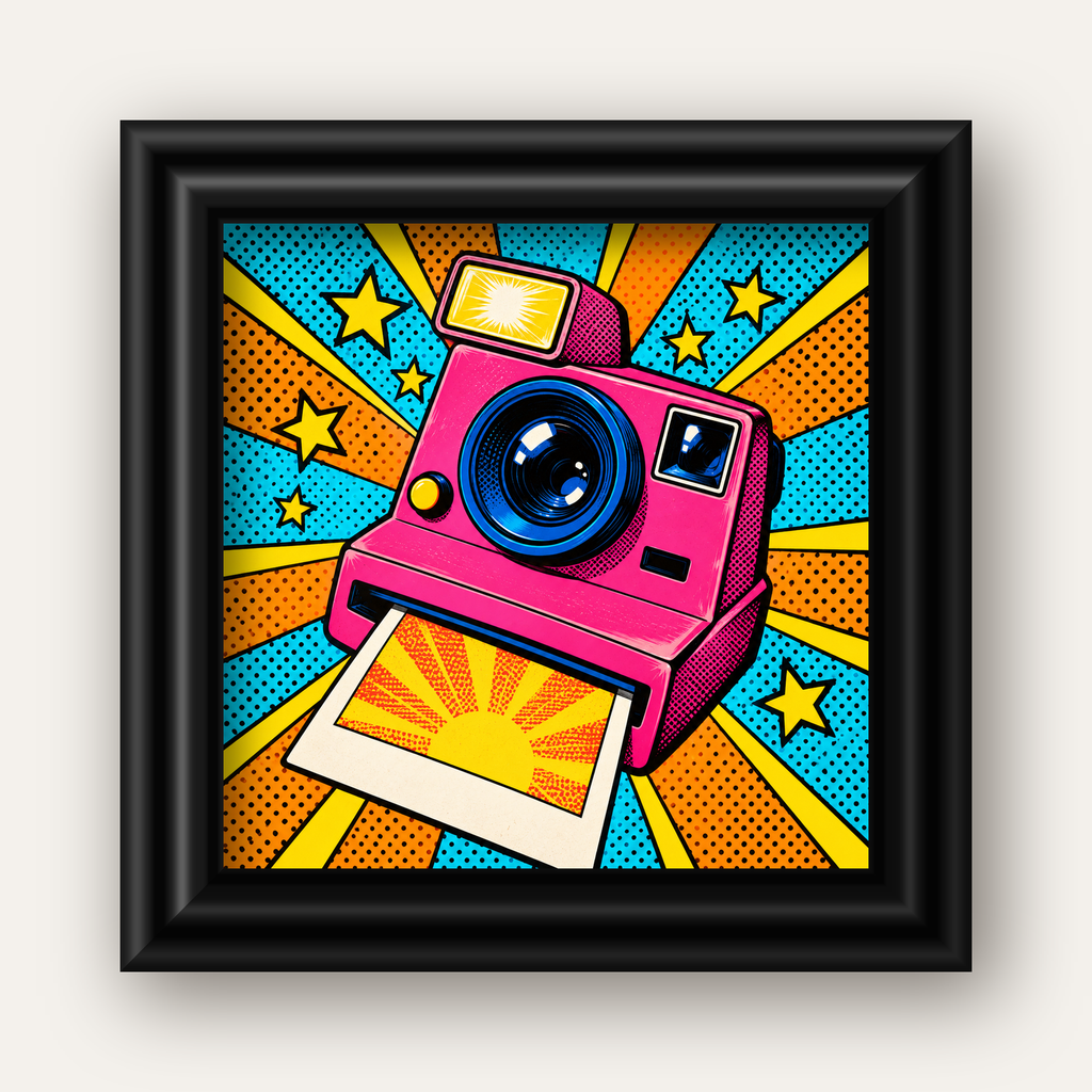 Pop Art Polaroid Kamera Poster – Canlı ve Renkli Duvar Dekoru — siyah galeri çerçeveli