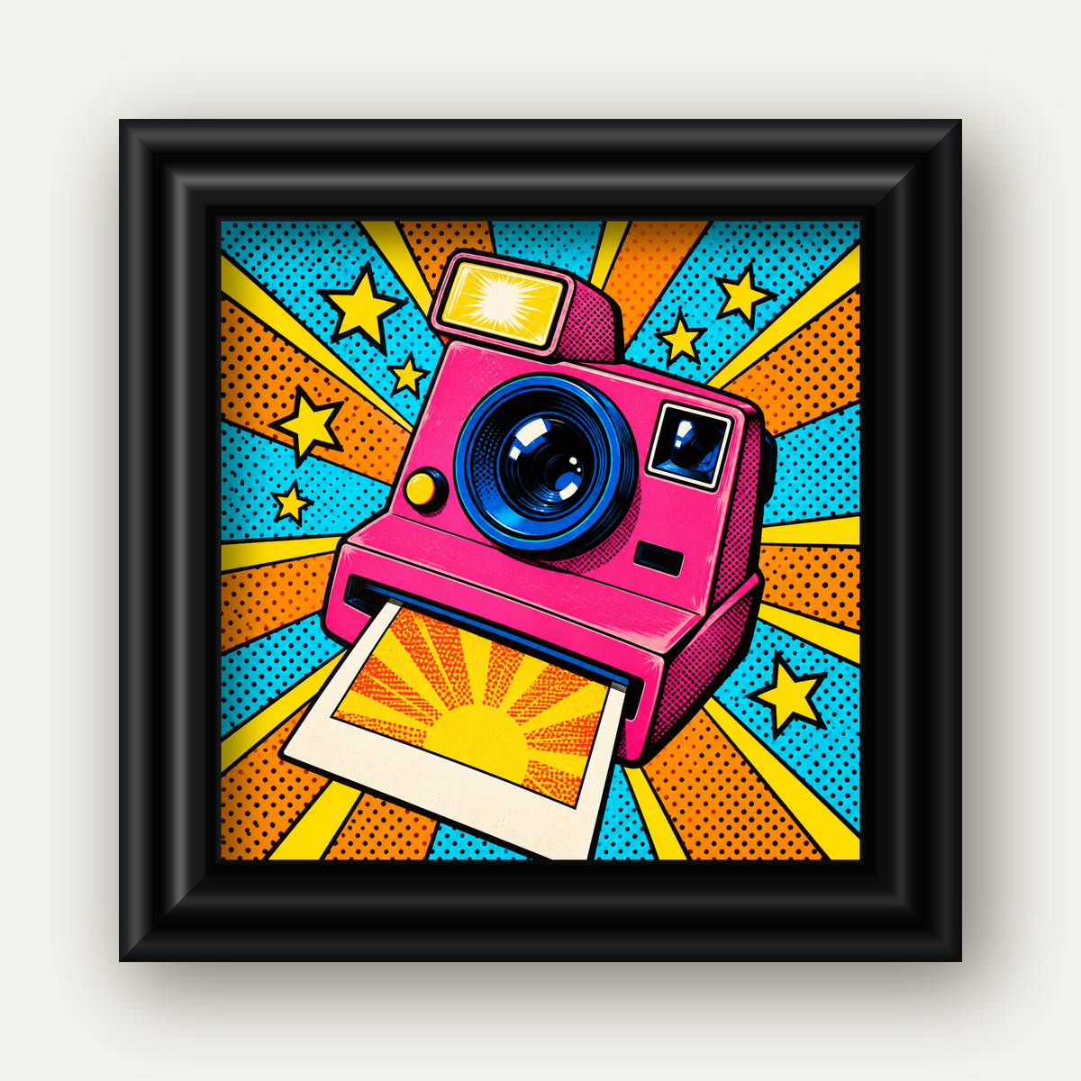 Pop Art Polaroid Kamera Poster – Canlı ve Renkli Duvar Dekoru — siyah galeri çerçeveli
