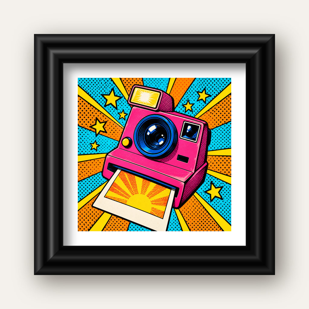 Pop Art Polaroid Kamera Poster – Canlı ve Renkli Duvar Dekoru — siyah galeri çerçeveli paspartulu