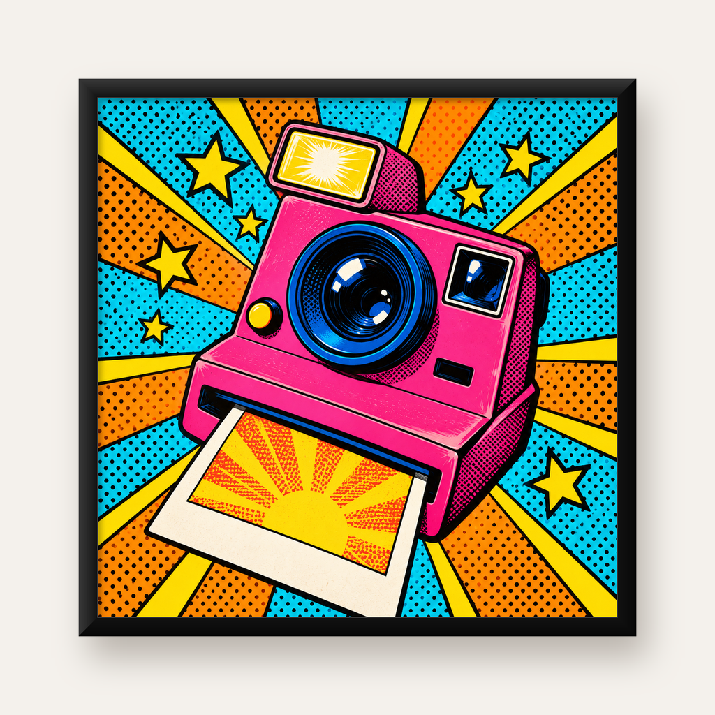 Pop Art Polaroid Kamera Poster – Canlı ve Renkli Duvar Dekoru — Kare baskı, düz siyah çerçeveli duvar posteri