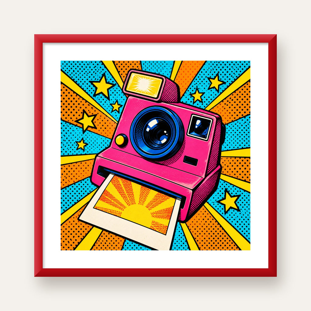 Pop Art Polaroid Kamera Poster – Canlı ve Renkli Duvar Dekoru — kırmızı çerçeveli paspartulu