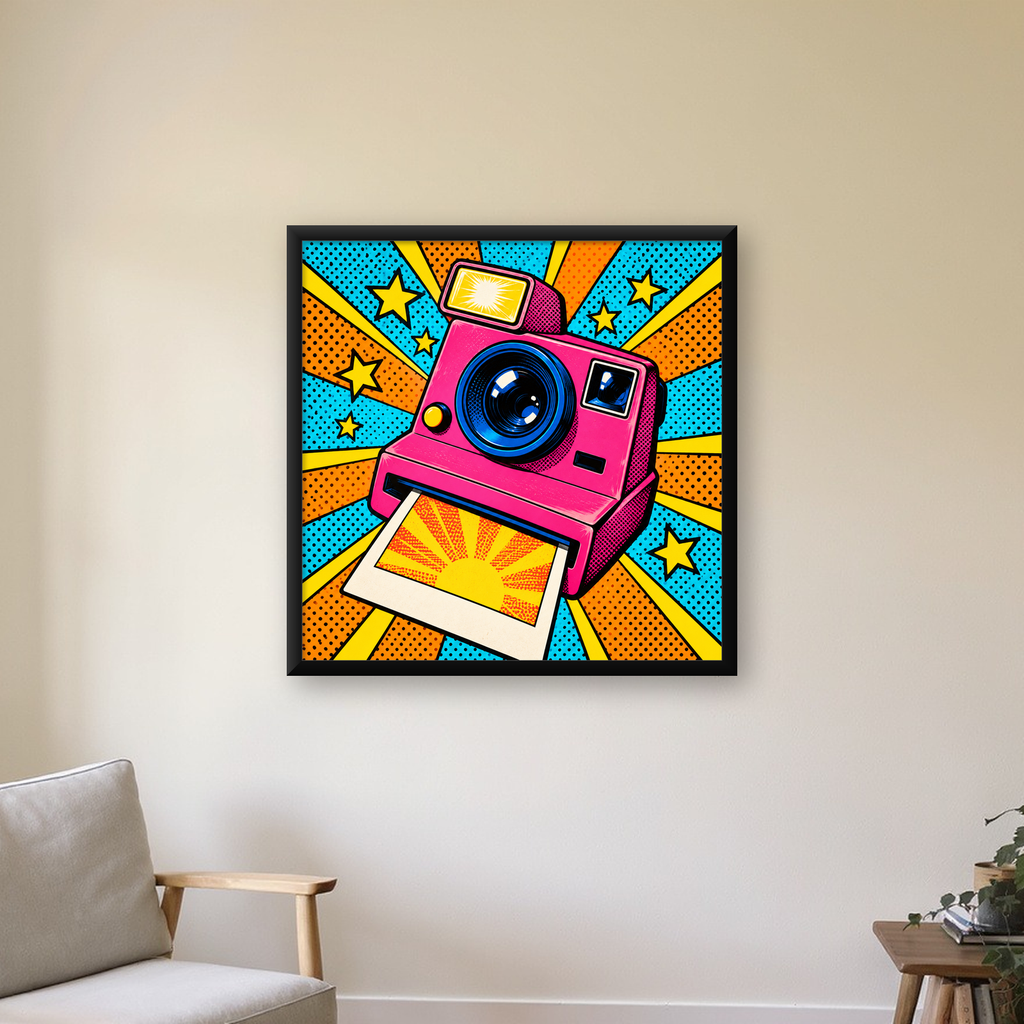 Pop Art Polaroid Kamera Poster – Canlı ve Renkli Duvar Dekoru — Kare baskı, çerçeveli hâliyle bir ev duvarında