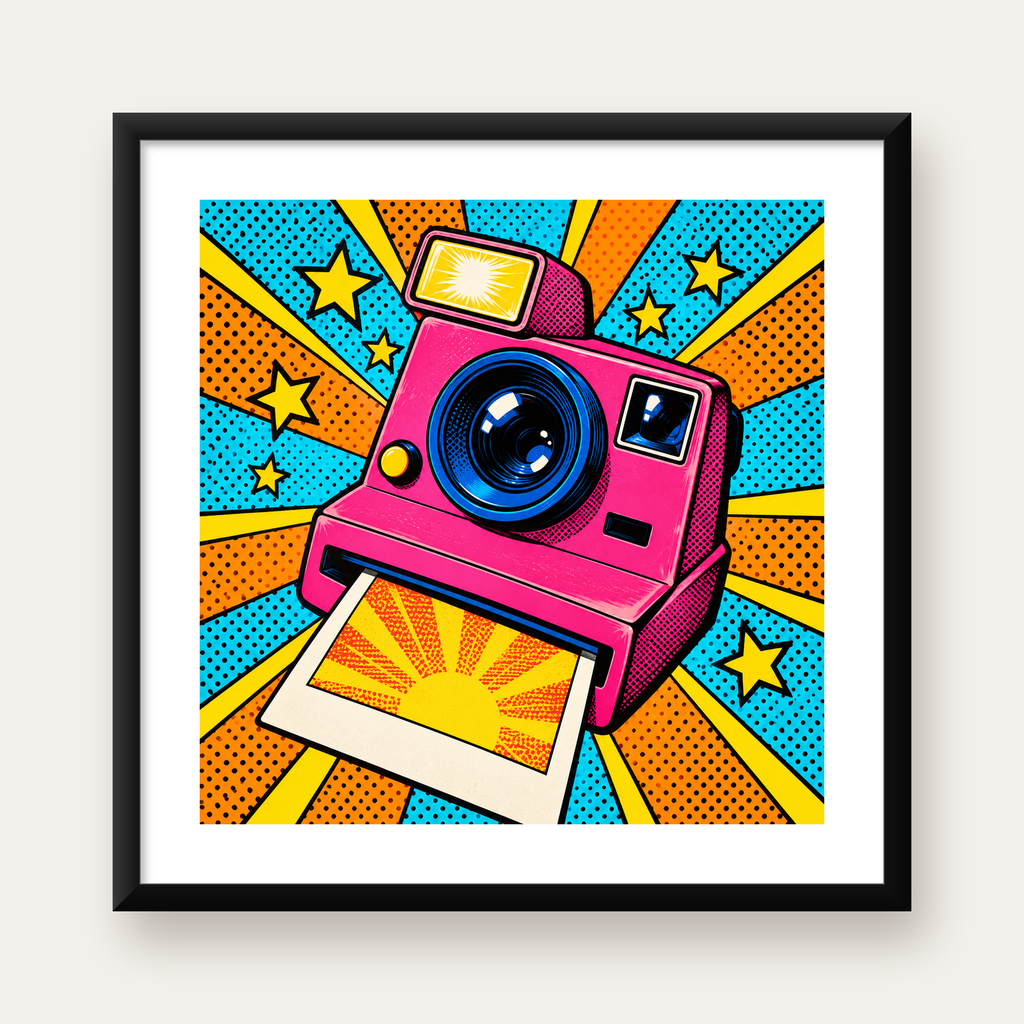 Pop Art Polaroid Kamera Poster – Canlı ve Renkli Duvar Dekoru — Kare baskı, beyaz paspartulu