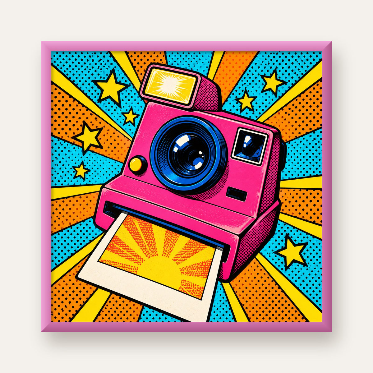 Pop Art Polaroid Kamera Poster – Canlı ve Renkli Duvar Dekoru — pembe çerçeveli