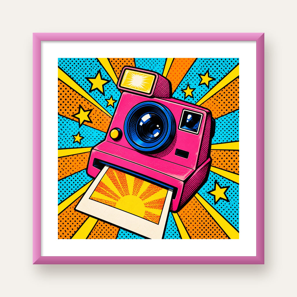Pop Art Polaroid Kamera Poster – Canlı ve Renkli Duvar Dekoru — pembe çerçeveli paspartulu