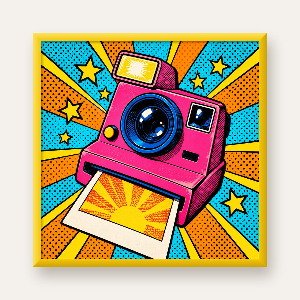 Pop Art Polaroid Kamera Poster – Canlı ve Renkli Duvar Dekoru — sarı çerçeveli