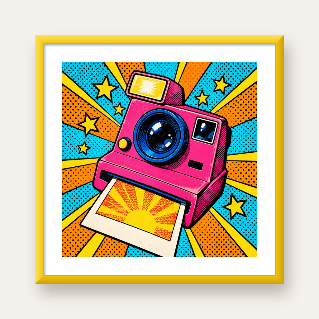 Pop Art Polaroid Kamera Poster – Canlı ve Renkli Duvar Dekoru — sarı çerçeveli paspartulu