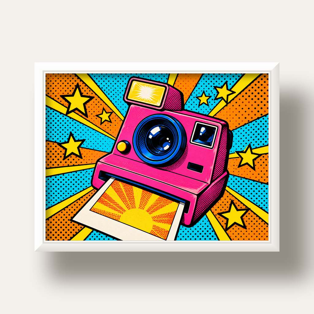Pop Art Polaroid Kamera Poster – Canlı ve Renkli Duvar Dekoru — beyaz derin çerçeveli