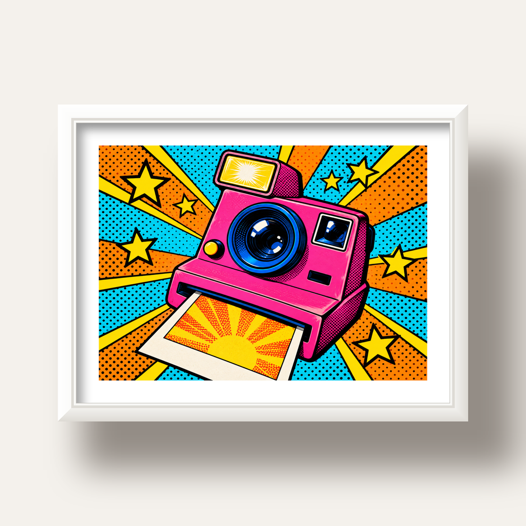 Pop Art Polaroid Kamera Poster – Canlı ve Renkli Duvar Dekoru — beyaz derin çerçeveli paspartulu
