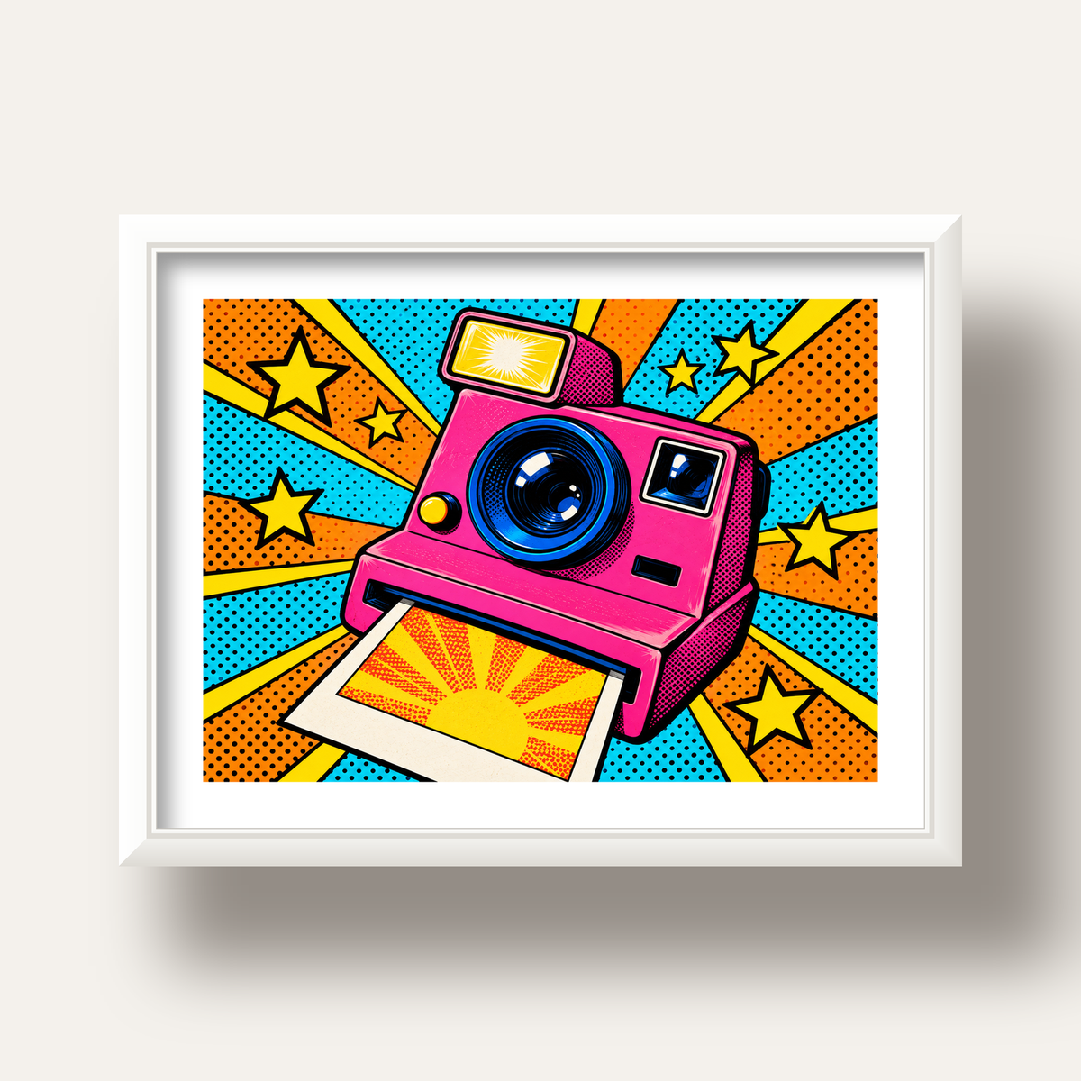 Pop Art Polaroid Kamera Poster – Canlı ve Renkli Duvar Dekoru — beyaz derin çerçeveli paspartulu