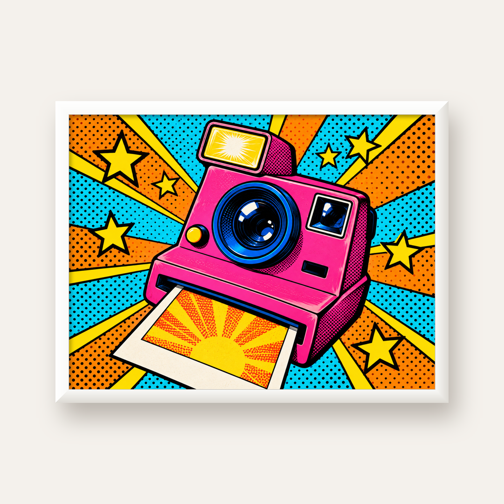 Pop Art Polaroid Kamera Poster – Canlı ve Renkli Duvar Dekoru — beyaz çerçeveli yatay poster